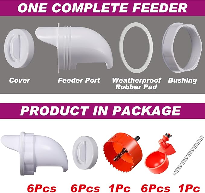 No Waste Chicken Feeder and Waterer Set,with Rat Stopper Caps,6 Ports 6 Chicken Water Cups and Hole Saw,DIY Poultry Feeder Port Gravity Automatic Fed Kit for Buckets,Barrels,Bins,Troughs