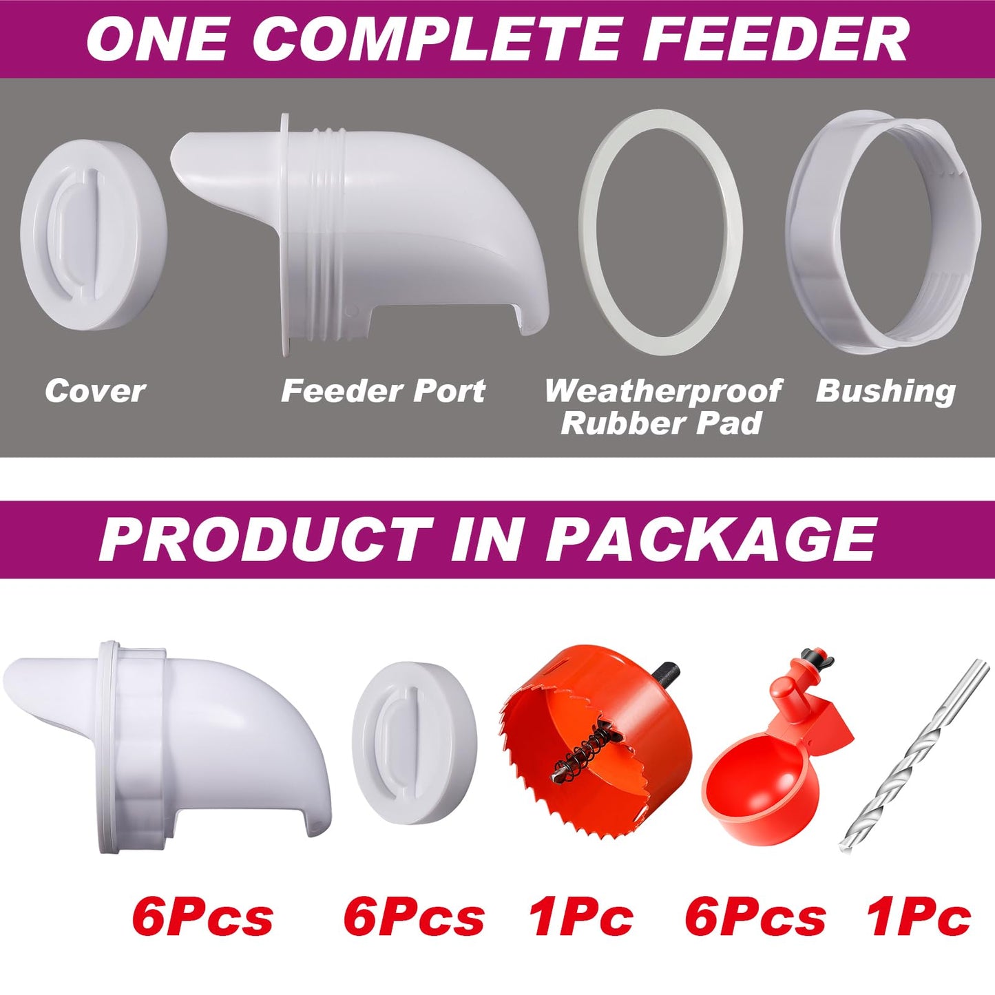 No Waste Chicken Feeder and Waterer Set,with Rat Stopper Caps,6 Ports 6 Chicken Water Cups and Hole Saw,DIY Poultry Feeder Port Gravity Automatic Fed Kit for Buckets,Barrels,Bins,Troughs