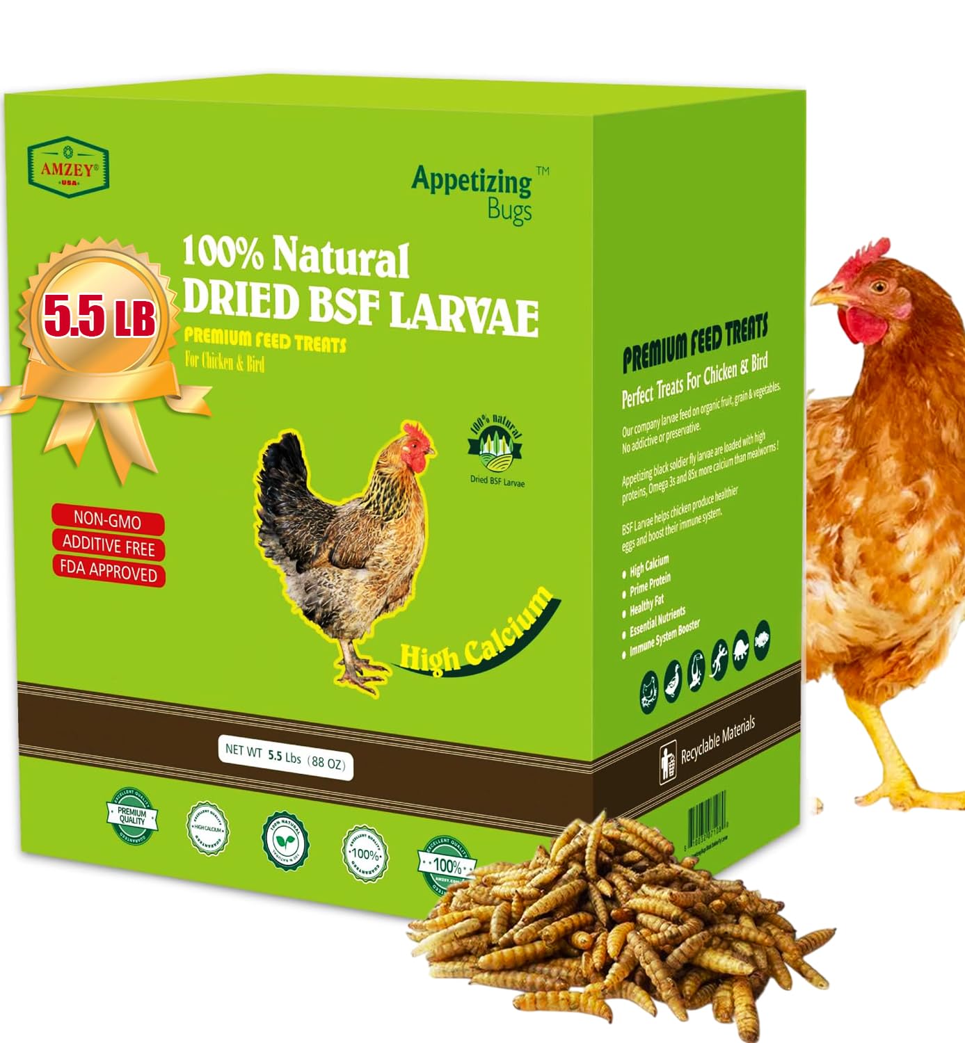 5.5 LBS Dried Black Soldier Fly Larva/Dried Mealworms - 100% Natural BSF Larvae - 85XMore Calcium Than Mealworms - High Calcium Treats for Chickens, Birds, Reptiles, Hedgehog, Geckos, Turtles- 5.5 LBS