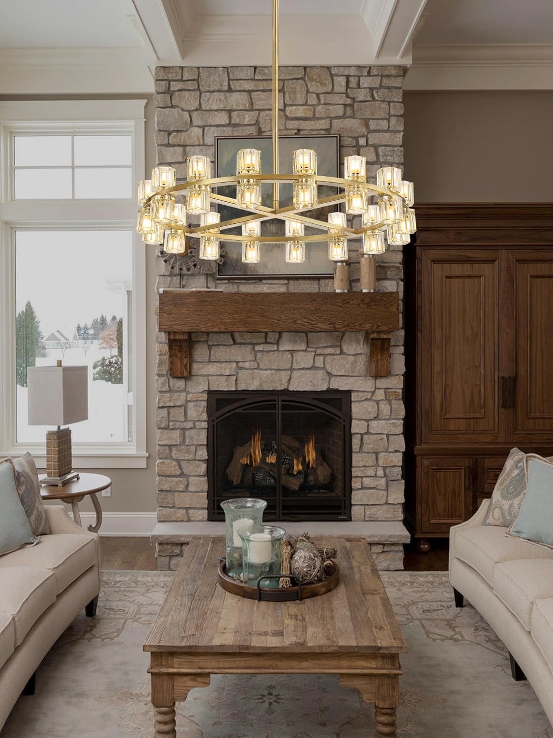 Dia 32" Gold Wagon Wheel Chandelier, 32-Lights Farmhouse Pendant Light Fixture, Round Rustic Hanging Lighting for Dining Room Kitchen Island Foyer Entryway