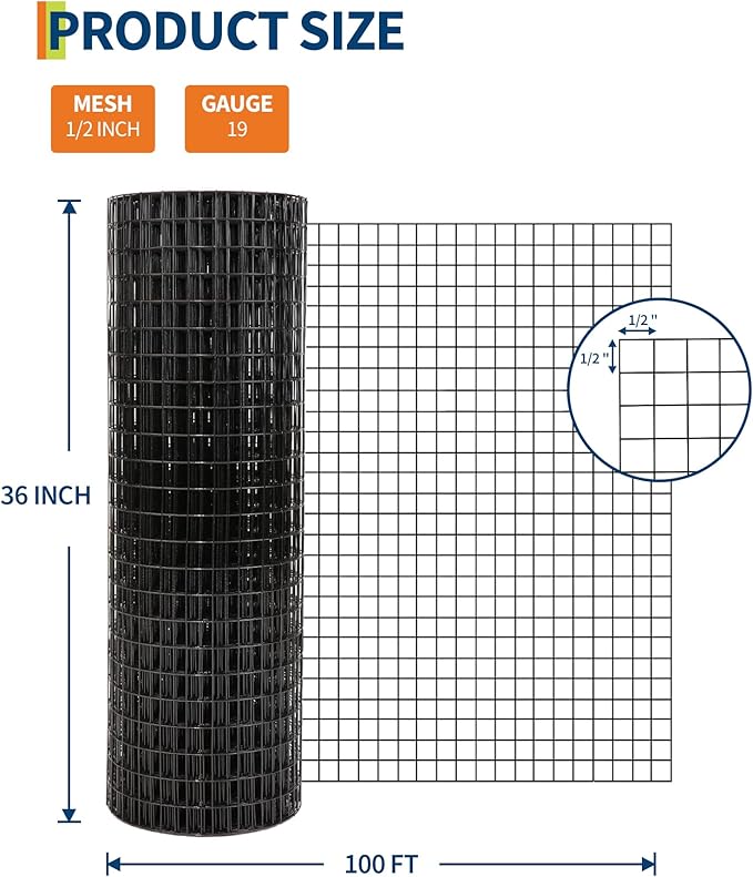 1/2 inch 36 inch x 100 FT Hardware Cloth, 19GA Chicken Wire Fencing,Galvanized Welded Wire Mesh Roll for Poultry Netting Cage, Chicken Coop, Black