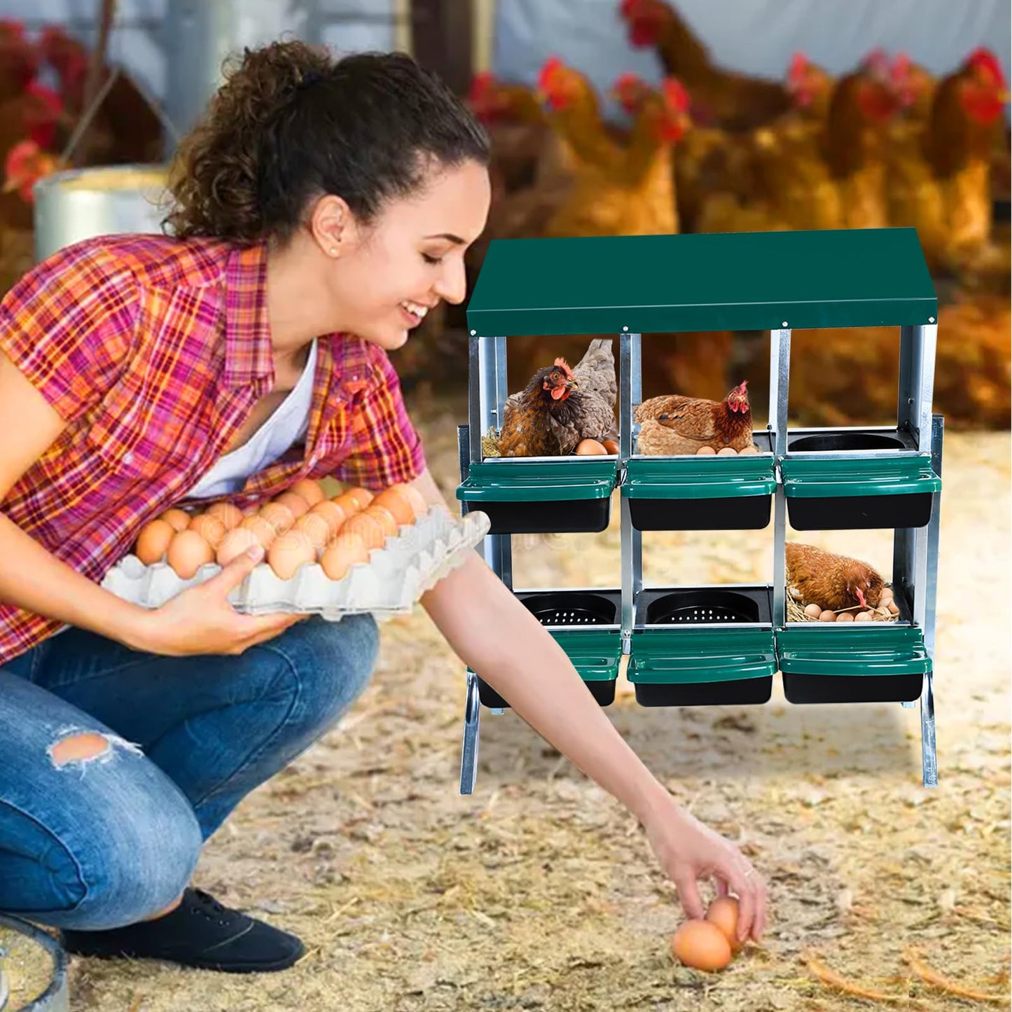 Chicken Nesting Boxes, 6-Hole Roll Away Nest Box with Removable Lid, 2 Layer Hen Nest Boxes for Chickens, Metal Egg Laying Box for Chicken Coops, Duck Coops and Hens Green,with Stand