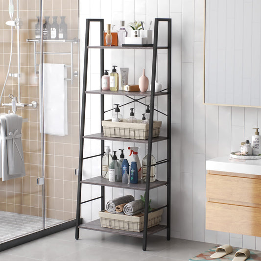 Yusong Ladder Bookshelf, Bookshelf Ladder Shelf, 5-Tier Bookshelf for Bedroom, Industrial Book Shelves Storage Rack with Metal Frame for Home Office, Rustic Brown, Gray