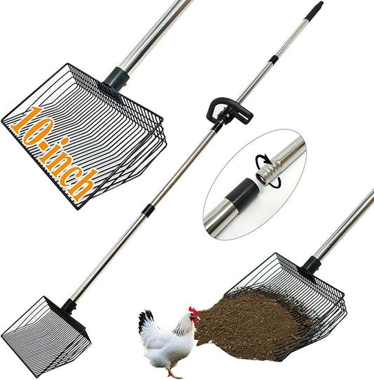 Chicken Scooper for Poop - Stainless Steel Chicken Coop Scoop & Rake for Sand, Pine Shavings & Waste - Ergonomic Handle, Easy Clean Poultry Coop Accessories for Hens, Ducks, Rabbits (10 Inch