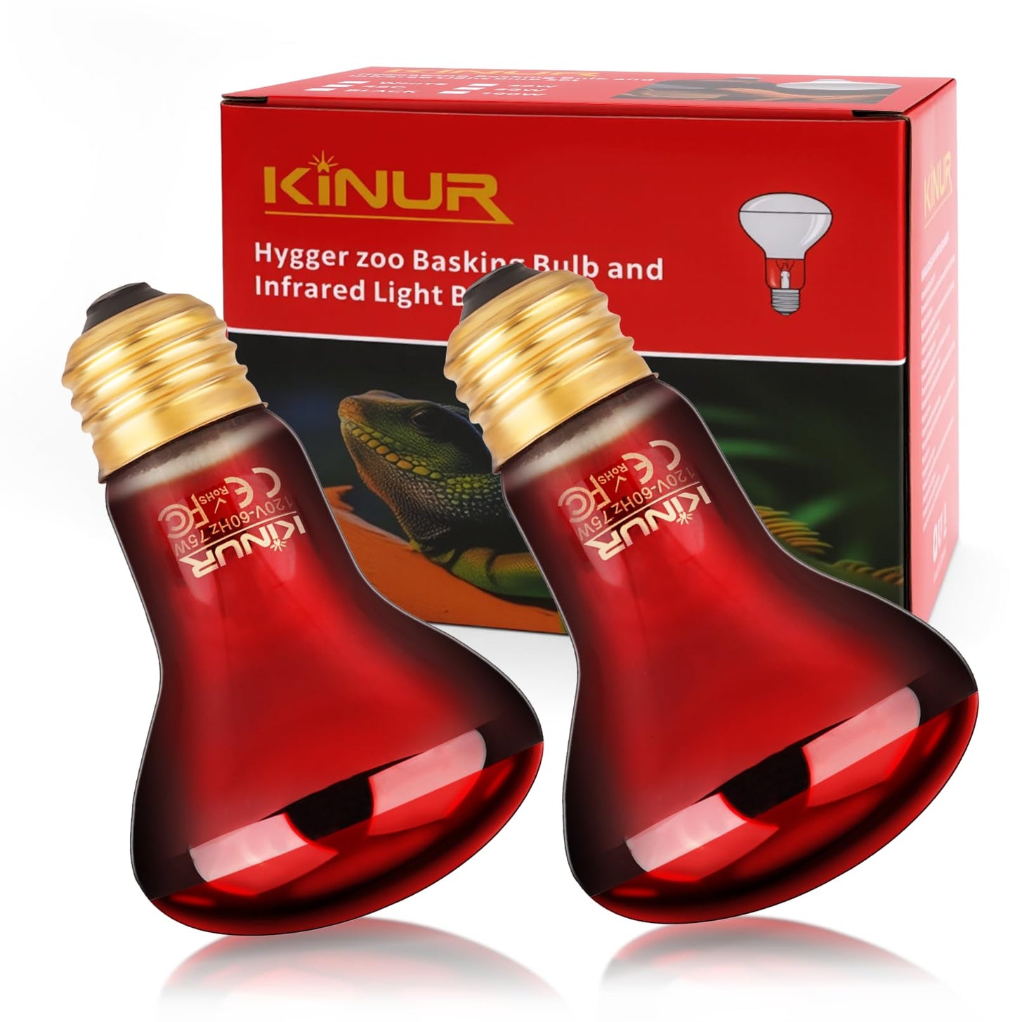 KINUR 75W Reptile Heat Lamp Bulb-Infrared Heat Emitter Red Heat Lamp for Reptile Amphibian, Infrared Basking Spot Light Bulb for Bearded Dragon,Turtle,Lizard,Snake,Gecko,Chick,Red,2 Pack