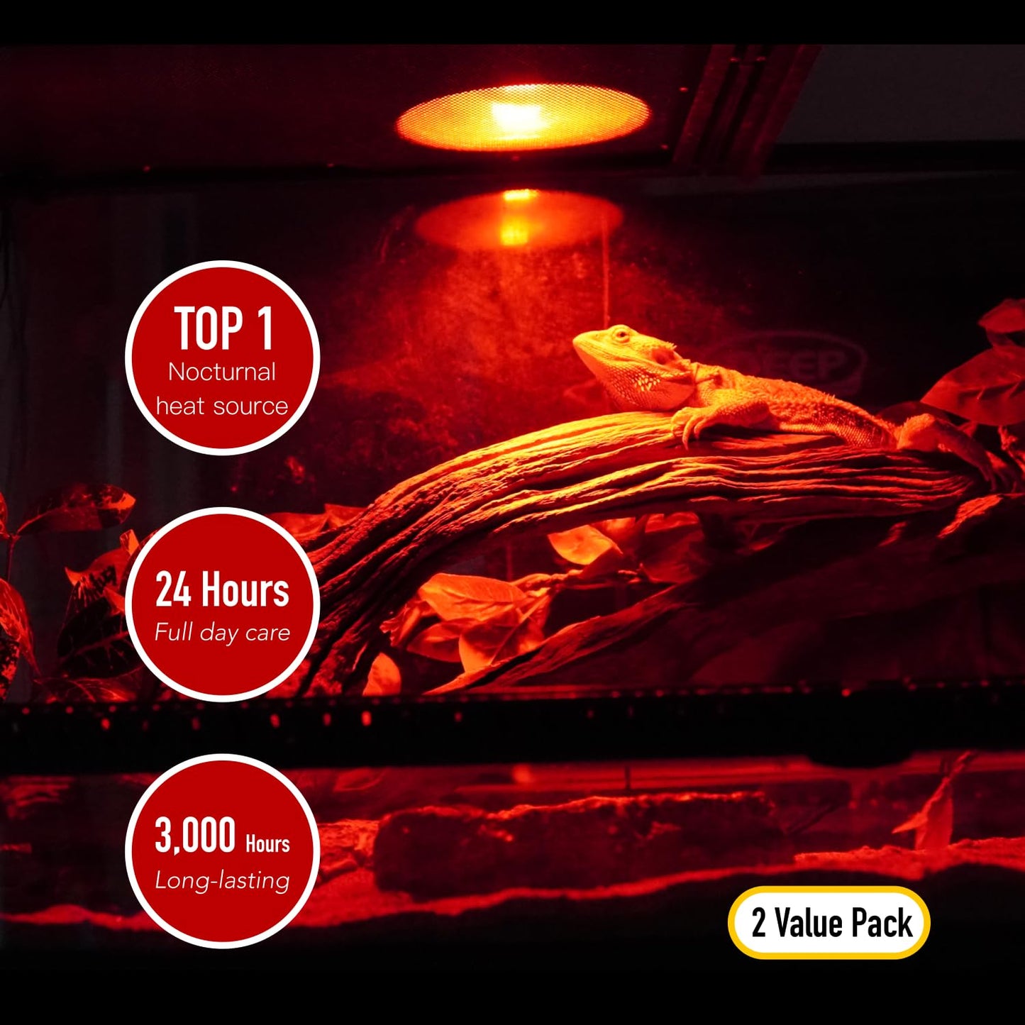 ReptiKing Reptile Red Heat Lamp, 2-Pack 75W Infrared Basking Bulbs Light for Reptiles, Night Red Basking Light for Bearded Dragon, Lizard, Gecko,Turtle Tank Accessories