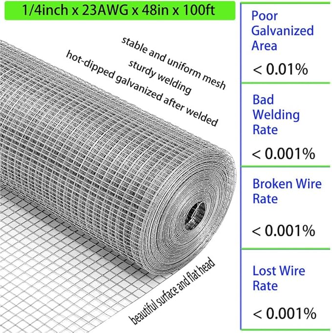Hardware Cloth 1/4in 4ft x100ft Hot Dip Galvanized Rust Resistant Welded Wire Mesh,23AWG Square Chicken Wire Fence Garden Plants Fencing,Chicken Coop Rabbit Poultry Critters Metal Cage Roll