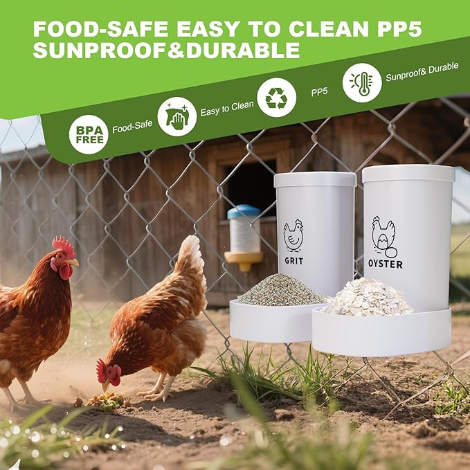 2 Pack Chicken Oyster Shell Feeder and Grit Feeder, Automatic Hanging Chicken Feeder and Chicken Coop Accessories Improve Eggshell Quality and Hen Health