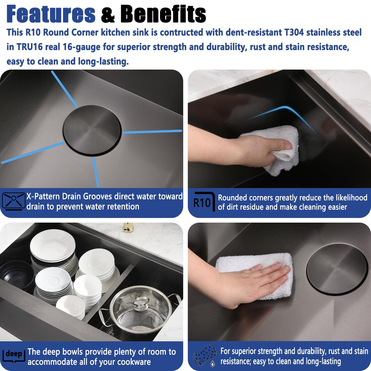 Kitead 33x22 Double Bowl Farmhouse Sink Workstation - 33 Inch Black Stainless Steel Kitchen Sink Double Bowl, Undermount Farmhouse Kitchen Sinks with Accessories