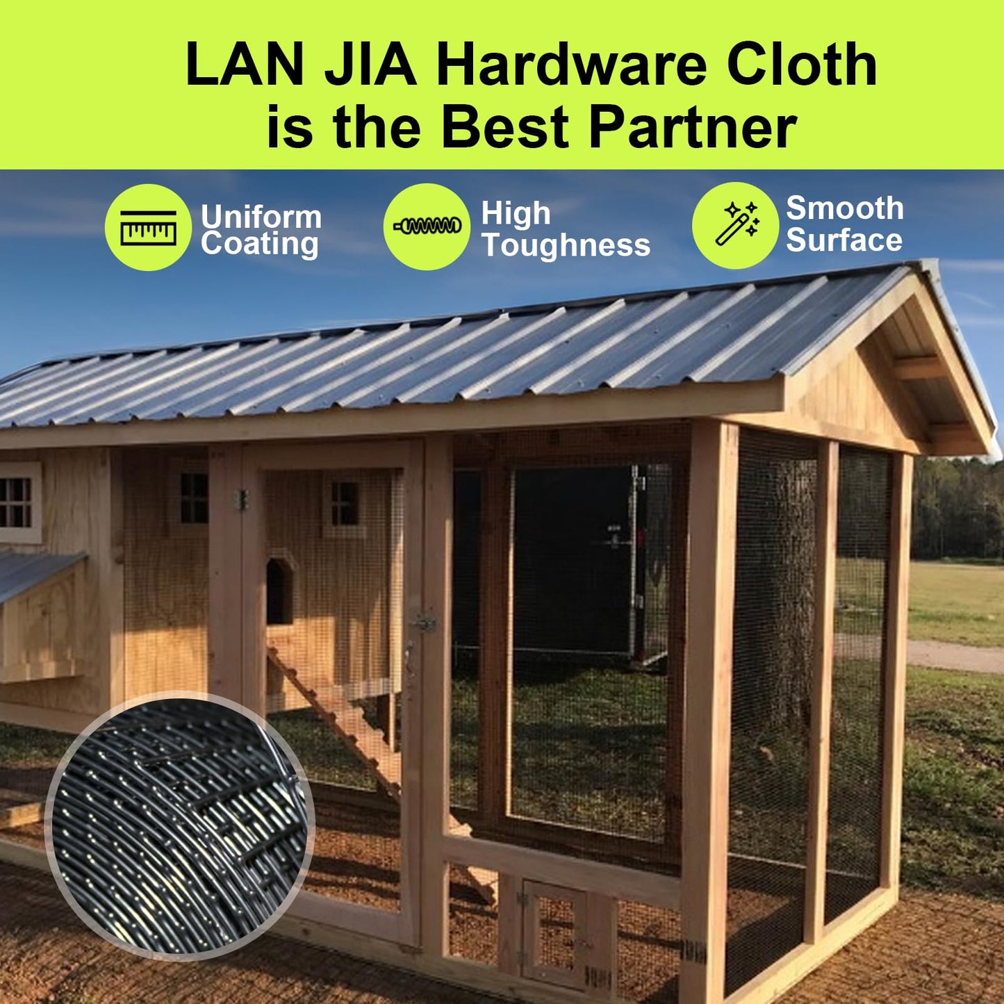 LAN JIA Black Hardware Cloth 48 in × 100 ft, 19 Gauge 1/2 inch Black PVC Vinyl Coated Welded Wire Fence Supports Poultry Netting Chicken Coop Cover Wire Fencing