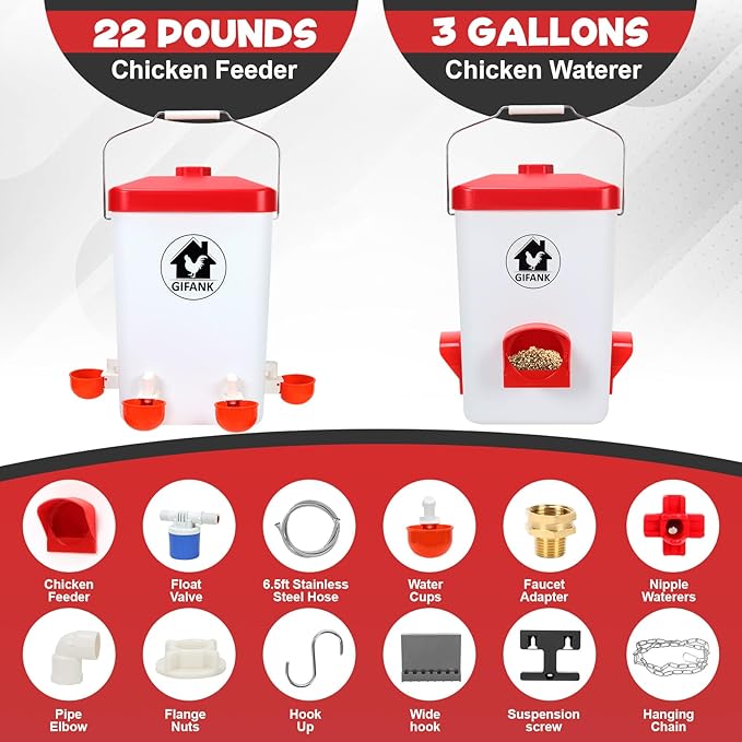 Chicken Feeder and Chicken Waterer Set Automatic Chicken Feeder Hanging Poultry Waterer 3 Gallon with Waterer Nipples and Feeding Ports,Chicken Coop Accessories