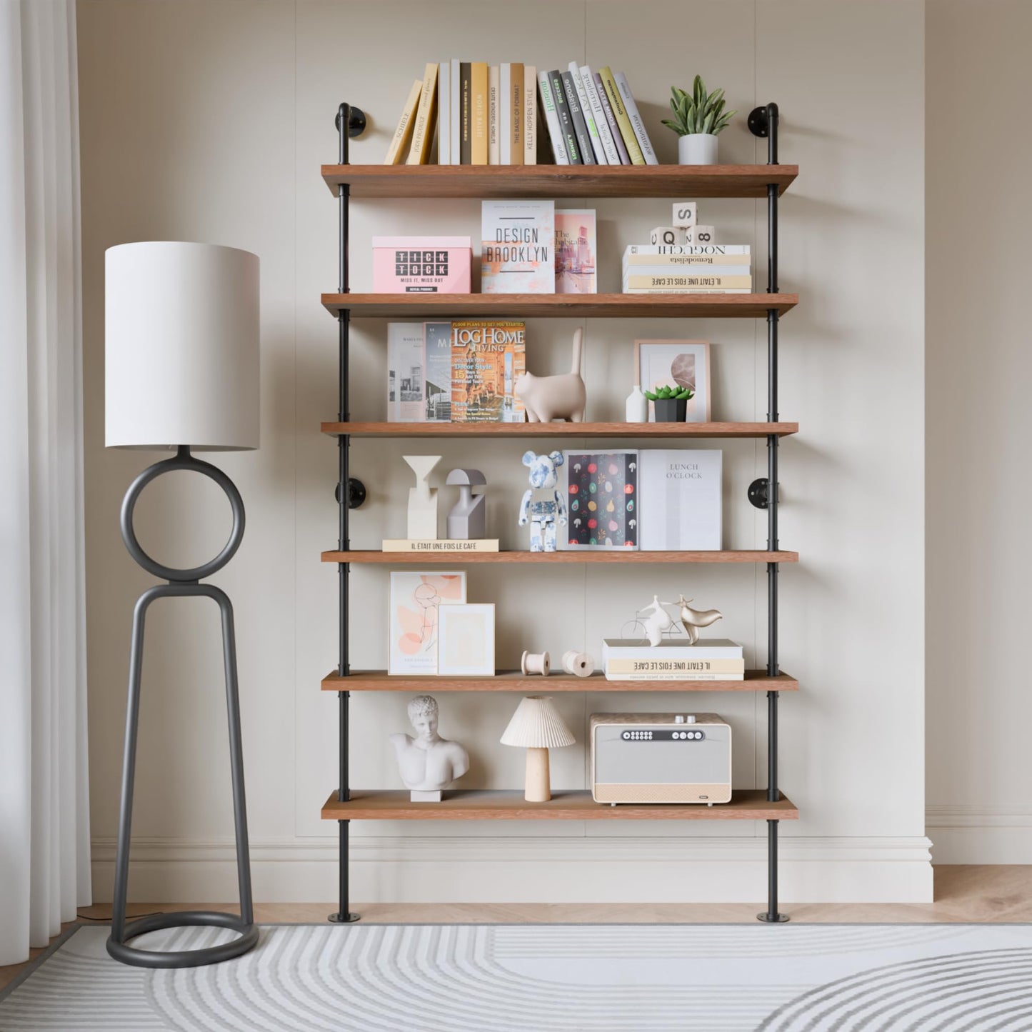 Anynice Industrial Ladder Pipe Shelf, Wall Mounted Wood Metal Bookshelf for Living Room Storage (Weathered Brown, 6 Tier - 10" D x 48" W x 82.5" H)