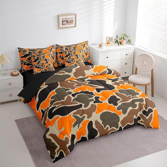 Feelyou Duck Hunter Orange Camouflage Hunting 7 Pieces Bedding Set, Full Size Black Brown All Season,Bed in a Bag with Comforter, Sheets, Pillowcases Camo Army Bed Set Breathable Wild Room Decor