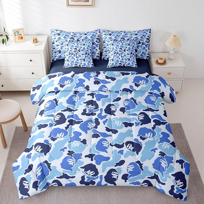 Camo Comforter Set Queen Size 7 Pieces Camouflage Bedding Set for Kids Boys Girls Camo Monkey Bed in a Bag with Comforter, Sheets, Pillowcases, Cushion Covers Hunting Bedroom Decor Blue and Black