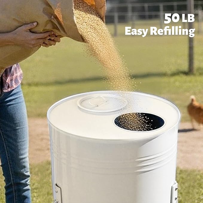 KOL Metal Chicken Feeder - 50lbs Poultry Feeder with 16 Ports, Powder Coated Rust-Proof Design & Smooth Edges for Safe Feeding (Jade White)