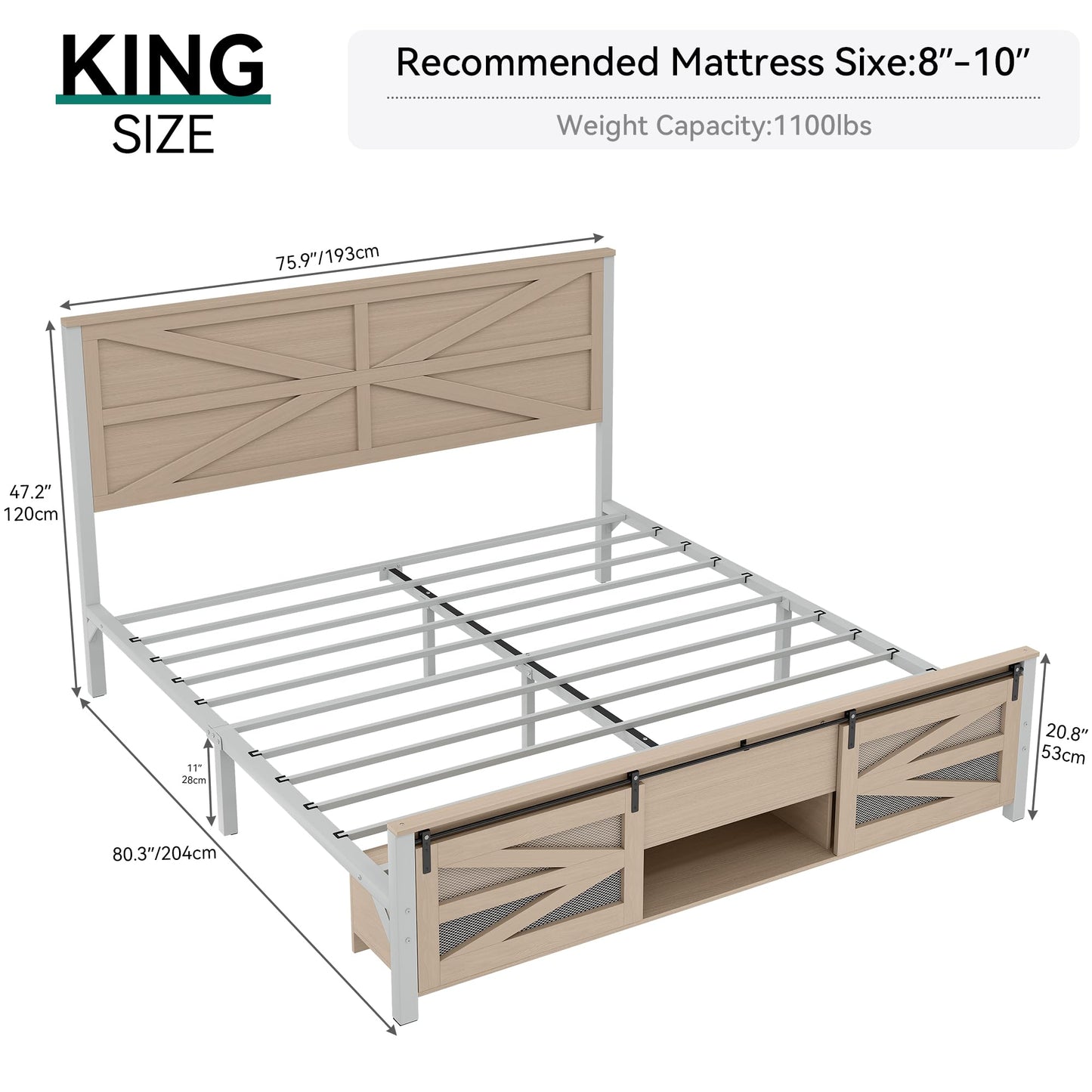 YITAHOME King Size Farmhouse Bed Frame with Sliding Barn Door Storage Cabinets,Platform Bed Frame with 47.2" Headboard, Solid Metal Slats Support, Noiseless, No Box Spring Needed,Oak