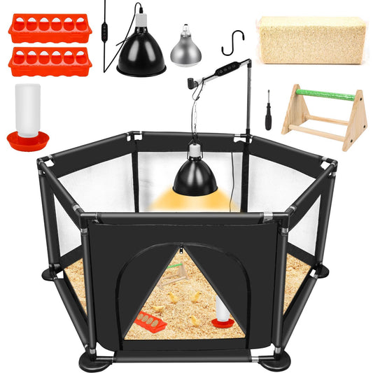 Chicks Brooder Box for Chicken Starter Kit- Includes Timing Heat Lamp Set, Detachable Chicken Brooder, Up to 15 Chicks, Sawdust, Chick Feeder and Waterer Set, Chick Perch 6-in-1 Chicken Coop Set