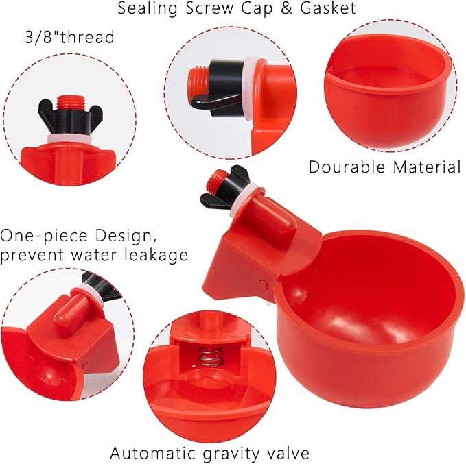 Chicken Waterer Cups 24 Pack Automatic Chicken Water Cups for Poultry LANARP Float Style Gravity Chicken Watering System Poultry Water Feeder Kit Chicken Waterer 5 Gallon with Mounting Hole Opener