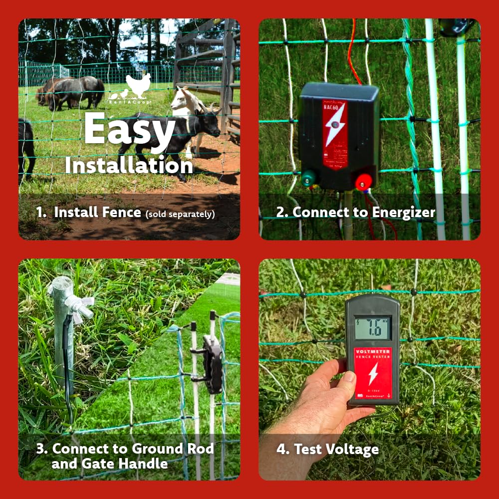 RentACoop Electric Poultry Netting Accessory Set - Includes - 0.6J Fence Charger, 3' Grounding Rod, Gate Handle Kit, and Voltmeter Fence Tester