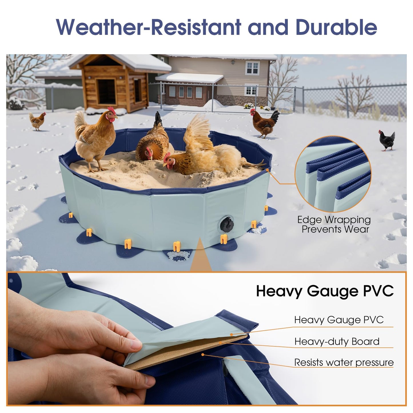 Chicken Dust Bath Tub, 31.5'' D * 7.9'' H Chicken Dust Bath Container with 16 Ground Stakes, Foldable Design, Tough PVC, Dust Bath for Chicks, Chicken House Cleaner Container, Chicken Coop Accessories