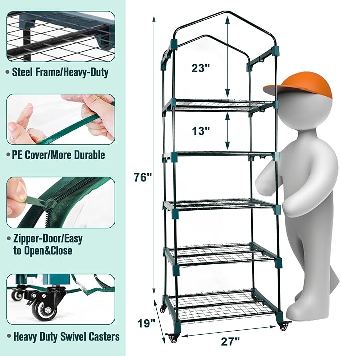 Worth Garden Upgraded 5-Tier Mini Greenhouse with Castors Wheels - Portable Small Gardening Green House with PVC Cover - Heavy Duty Swivel Castors with Brakes - 76''H x 27''L x 19''W Indoor & Outdoor