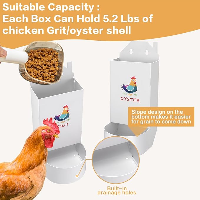Chicken Grit and Oyster Shell Feeder,Metal Automatic Chicken Feeder,Chicken coop Accessories Poultry feeders, Suitable for Quail, Pigeons, Doves, Chicks, and Adult Chickens（2 Pcs White）