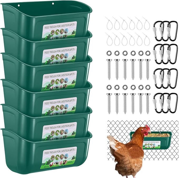 Chicken Feeder Waterer, 6 Pack Duck Feeder Supplies, Hanging Fence Feed Trough with Clips for Goat, Sheeple, Piglet, Gooses, Turkeys, Dog Livestock Poultry,Green