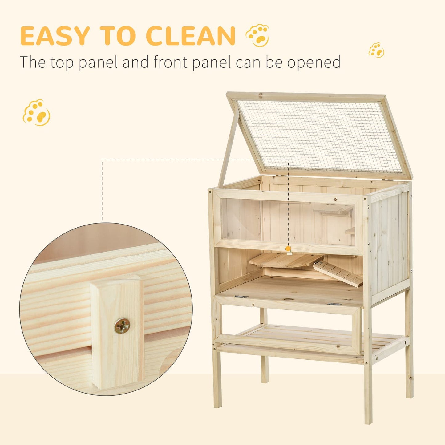 PawHut 3-Tier Wooden Hamster Cage Mice and Rat Cage Small Animals Hutch with Openable Top, Front Door, Storage Shelf, Natural Wood