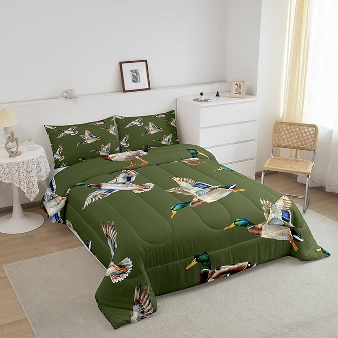 jejeloiu Cute Mallard Duck Comforter Set King Size Kids Wild Duck Hunting Comforter for Boys Teens Hunting and Fishing 3D Wild Animal Bedding Set Green Duvet Set Room Decor Quilt Set