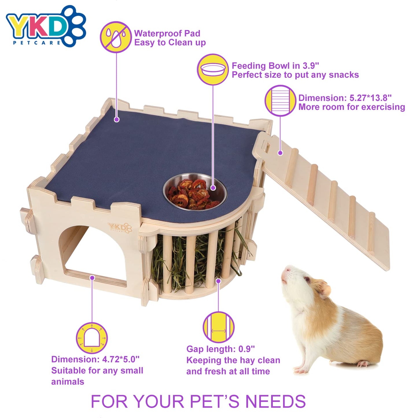 Large Guinea Pig Castle, Natural Wood Rabbit House with Ladder and Hay Feeder, Small Animal Hideout for Rabbit Guinea Pig Hedgehog Chinchilla