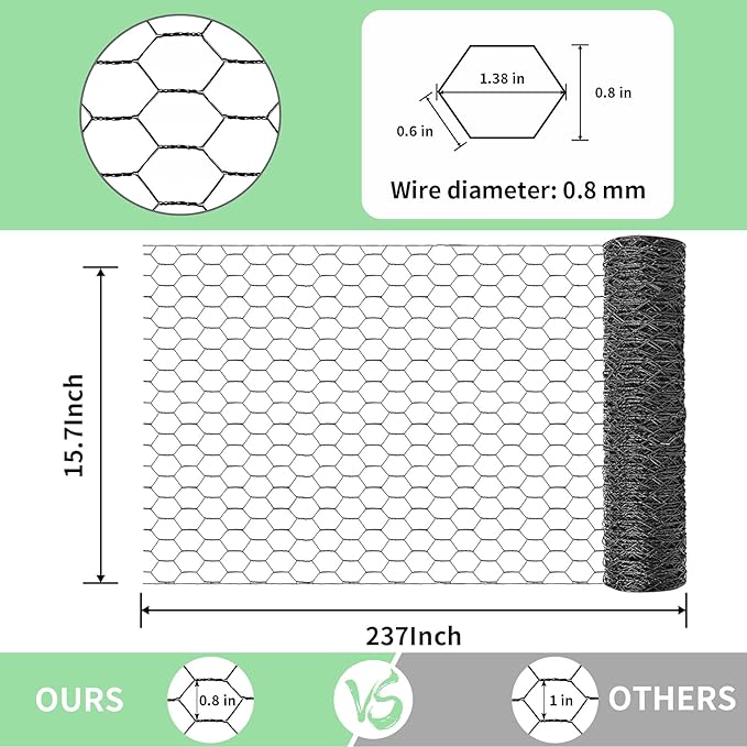 Chicken Wire 15.7 in x 237 in Poultry Wire Netting Hexagonal Galvanized Mesh Garden Fence Barrier for Pet Rabbit Chicken Fencing with 100 Pcs Cable Zip Ties(PVC-Coated)