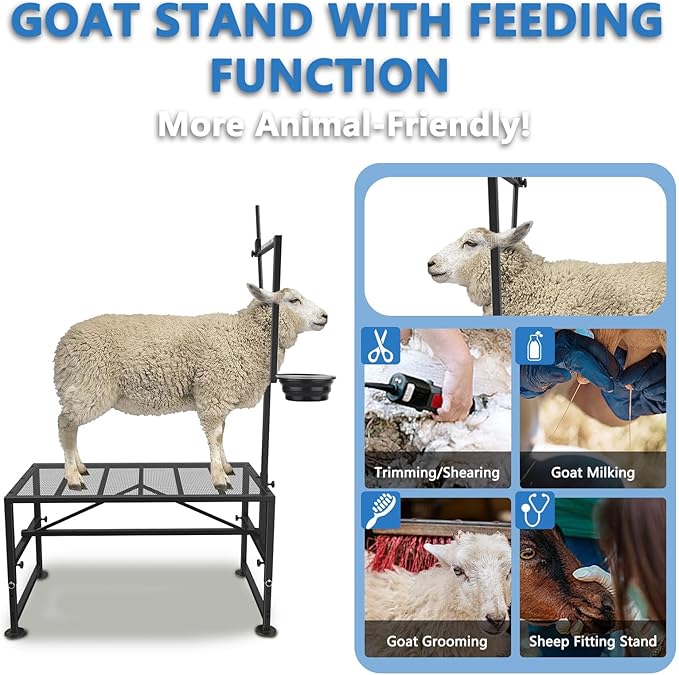 600 LBs Goat Stand with Feed Bin, Goat Milking Stand for Sheep Trimming and Milking, Hoof Trimming Stand Adjustable Size, with Feeder, Iron Black