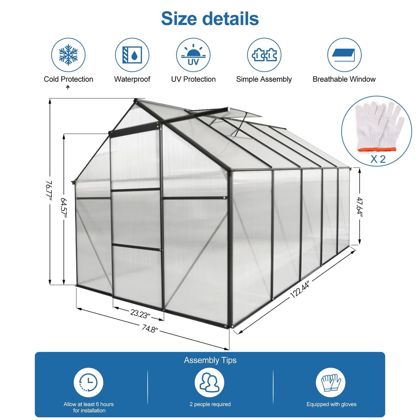 KELRIA 6x10 FT Hybrid Polycarbonate Greenhouse with Sliding Door and Adjustable Vent Window Walk-in Hobby Greenhouses Aluminum Heavy Duty Hot House for Outdoor Garden Backyard, Black