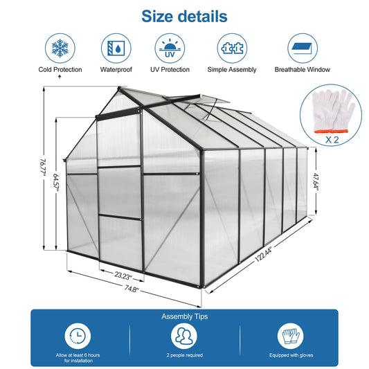 KELRIA 6x10 FT Hybrid Polycarbonate Greenhouse with Sliding Door and Adjustable Vent Window Walk-in Hobby Greenhouses Aluminum Heavy Duty Hot House for Outdoor Garden Backyard, Black