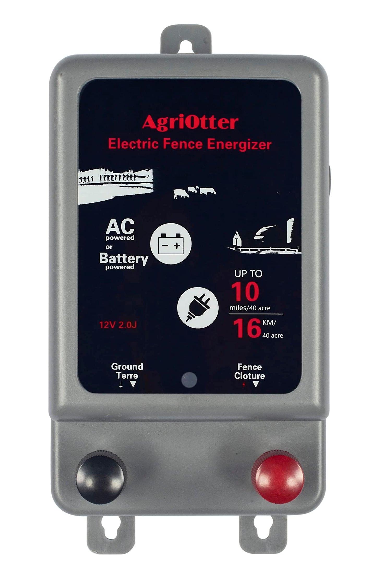 AgriOtter Electric Fence Energizer 40 Acre 10 Miles 2 in 1 Powered by Battery or AC Outlet 12000V 2J Pulse Electric