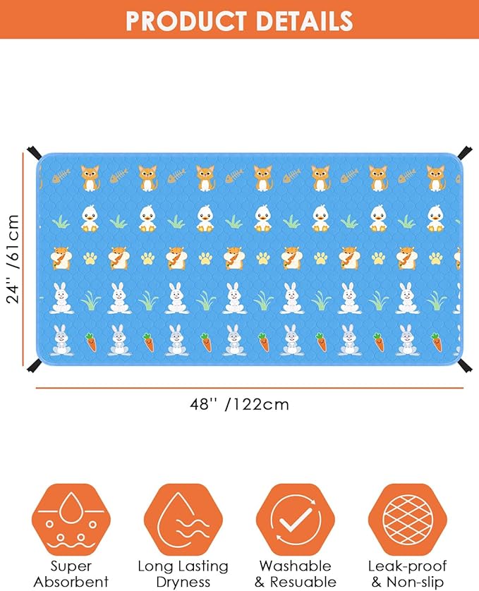 Bissap 2 Packs Guinea Pig Cage Liners, 48''X24'' Washable Guinea Pig Pee Pads Non Slip Reusable Fast and Super Absorbent Bedding for Small Animals Rabbit Hamster Chinchillas Rat - Blue