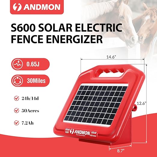 S600 Solar Electric Fence Charger - 35 Mile Range, 0.65 Joules Powerful Solar Fence Charger, Ideal for Livestock and Garden Protection