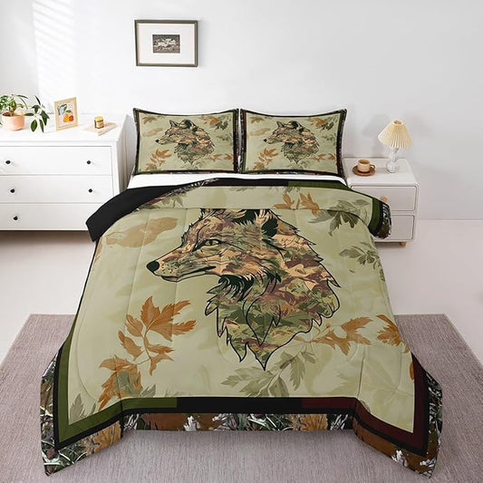Wolf Bedding Set Full For Boys Woodland Camo Hunting Comforter Set Army Green Tree Branches Camouflage Wild Animal Quilt Comforter For Adults Men,Botanical Leaves Rustic Duvet 2 Pillow Cases