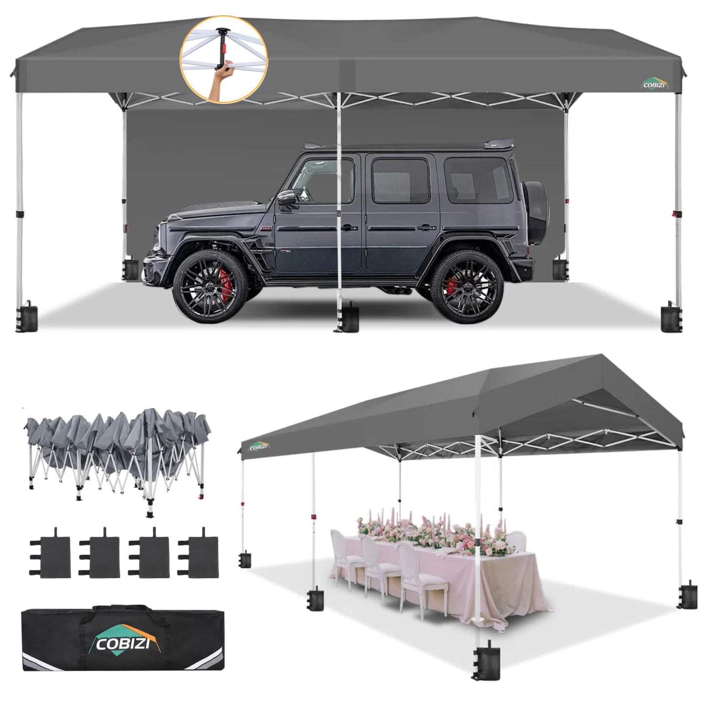 COBIZI Carport Canopy 10x20 Pop up Canopy Portable Garage with 1-Button Push Center Lock,Car Port Garage with 2 Sidewalls UV Resistant Waterproof All-Season Car Canopy Tents Shelter for Car,Truck,Boat
