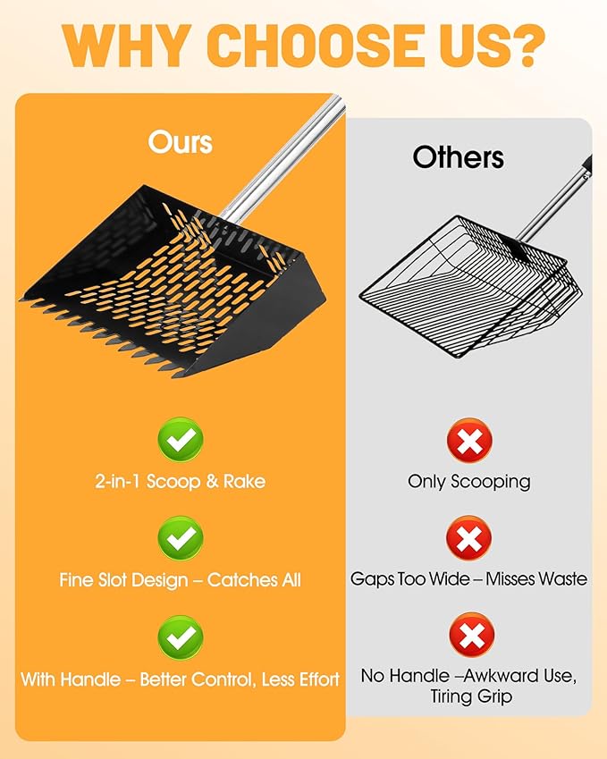 Chicken Poop Scooper & Rake - 2-in-1 Metal Chicken Coop Scoop for Sand with 22 to 62" Adjustable Handle, Litter Sifting Shovel Cleaning Tools for Chicken Run, Animal Farm, Duck Coop Black
