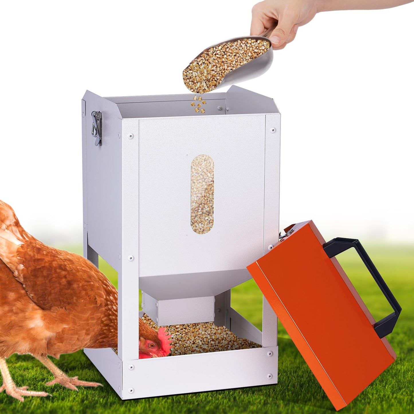 Galvanized Automatic Chicken Feeder No Waste 20lbs Large Metal Chicken Feeders Trough Dispenser Outdoor Poultry Feeders with Visual Window and Weatherproof Lid for Chickens Ducks Geese Turkeys Quails