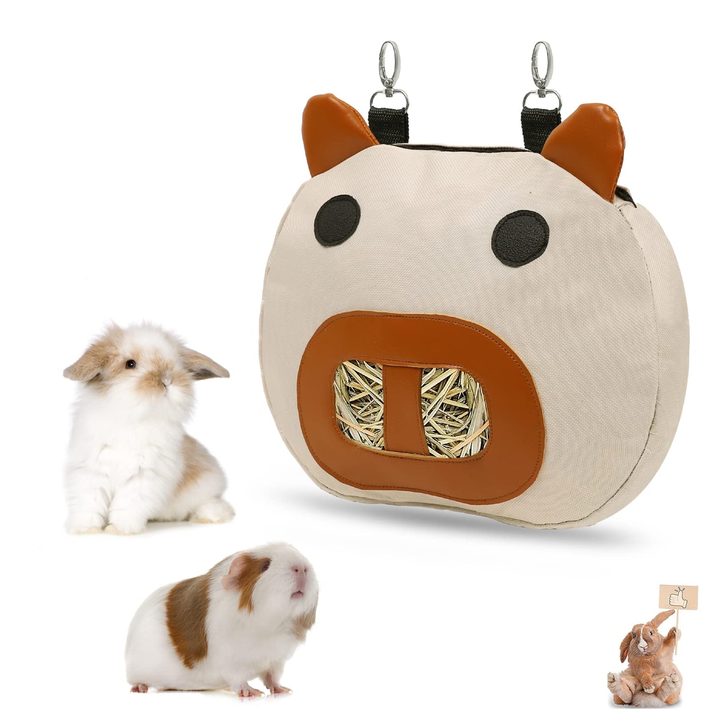 Zhilishu Rabbit Hay Feeder Bag, Hay Feeder for Guinea Pig Timothy Hay Feeder Dispenser Storage with 2 Hanging Hooks for Bunny Small Animal Cage Mess Free (Brown)