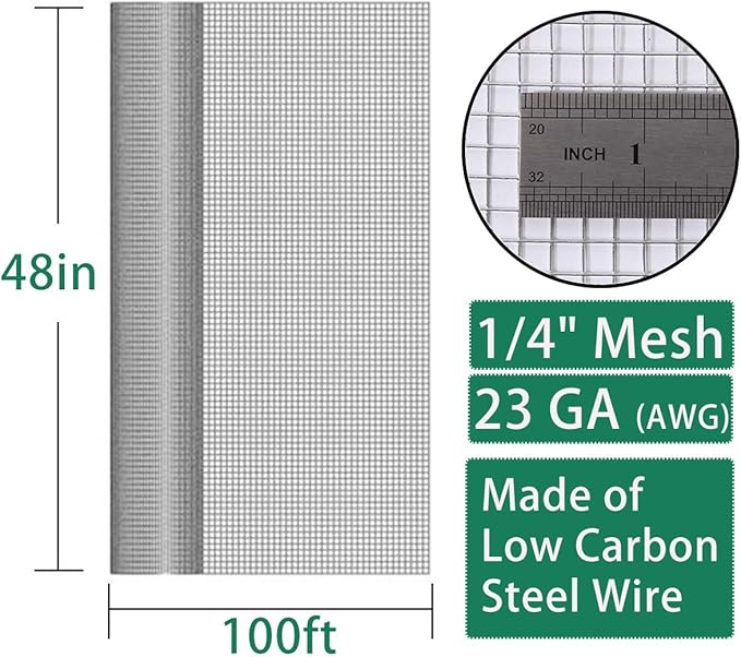 SEBOSS 1/4 inch Hardware Cloth 48 inch x 100 ft 23 Gauge, Hot-dip Galvanized After Welding, Galvanized Wire Mesh Roll Chicken Wire Fence Roll Gopher Mesh & Wire Cloth