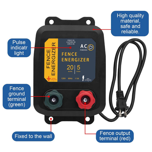 Electric Fence Energizer for Preventing Wild Animals Intruding，PE5 Electric Fence Charger，5-Mile/20 Acres Output Voltage 5000 V 0.2 Joule