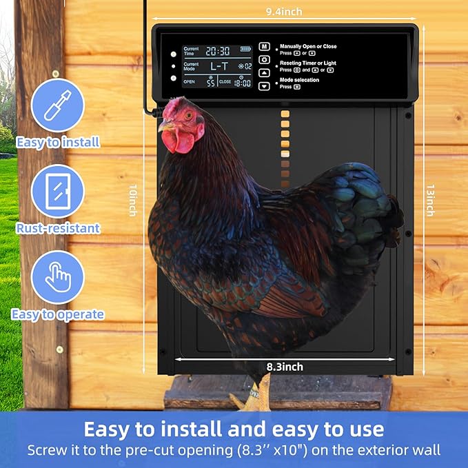 Automatic Chicken Coop Door Solar Powered Chicken Door with Timer & Light Sensor Aluminum Auto Chicken Coop Door Opener with Remote Control, Battery Operated & 4 Modes (Black Grey)