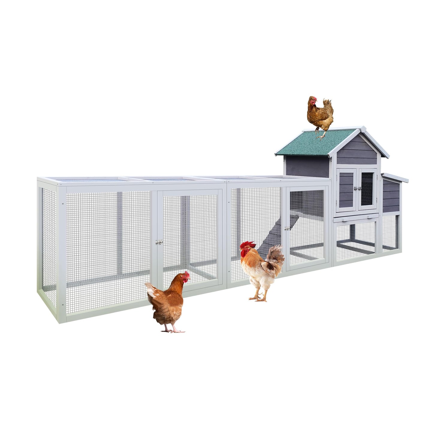 123'' Large Chicken Coop with Run, Wooden Hen House for 3-5 Chickens, Outdoor Chicken Run Poultry Cage Rabbit Cage Duck House with Nesting Box, Ramp & Pull-on Tray