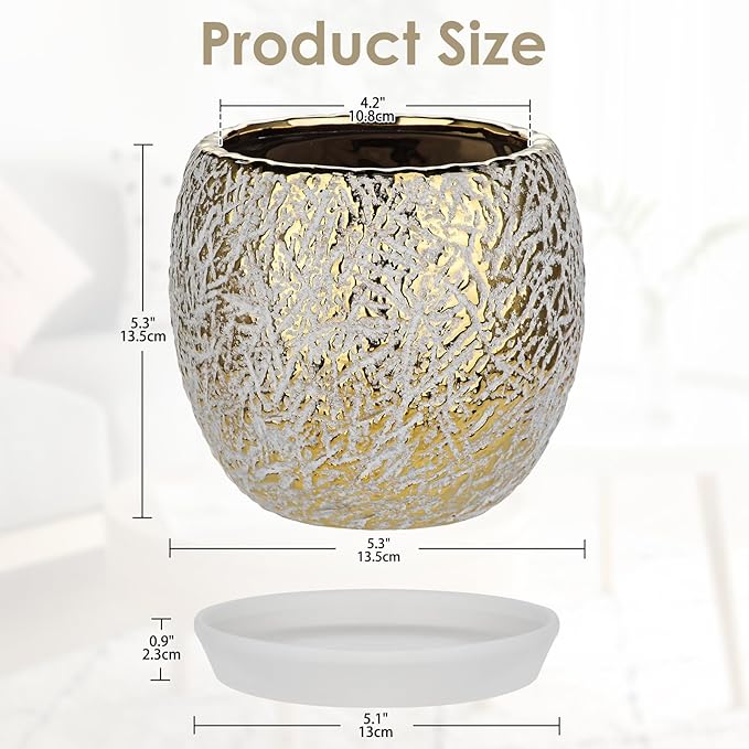 Ceramic Plant Pots for Plants Indoor 5.3 Inch Round Gold and White Flower Pot Gilded Decorative Planter with Drainage Hole and Saucer Modern Ceramic Pot for Succulents Orchids Cactus Herbs Home Decor