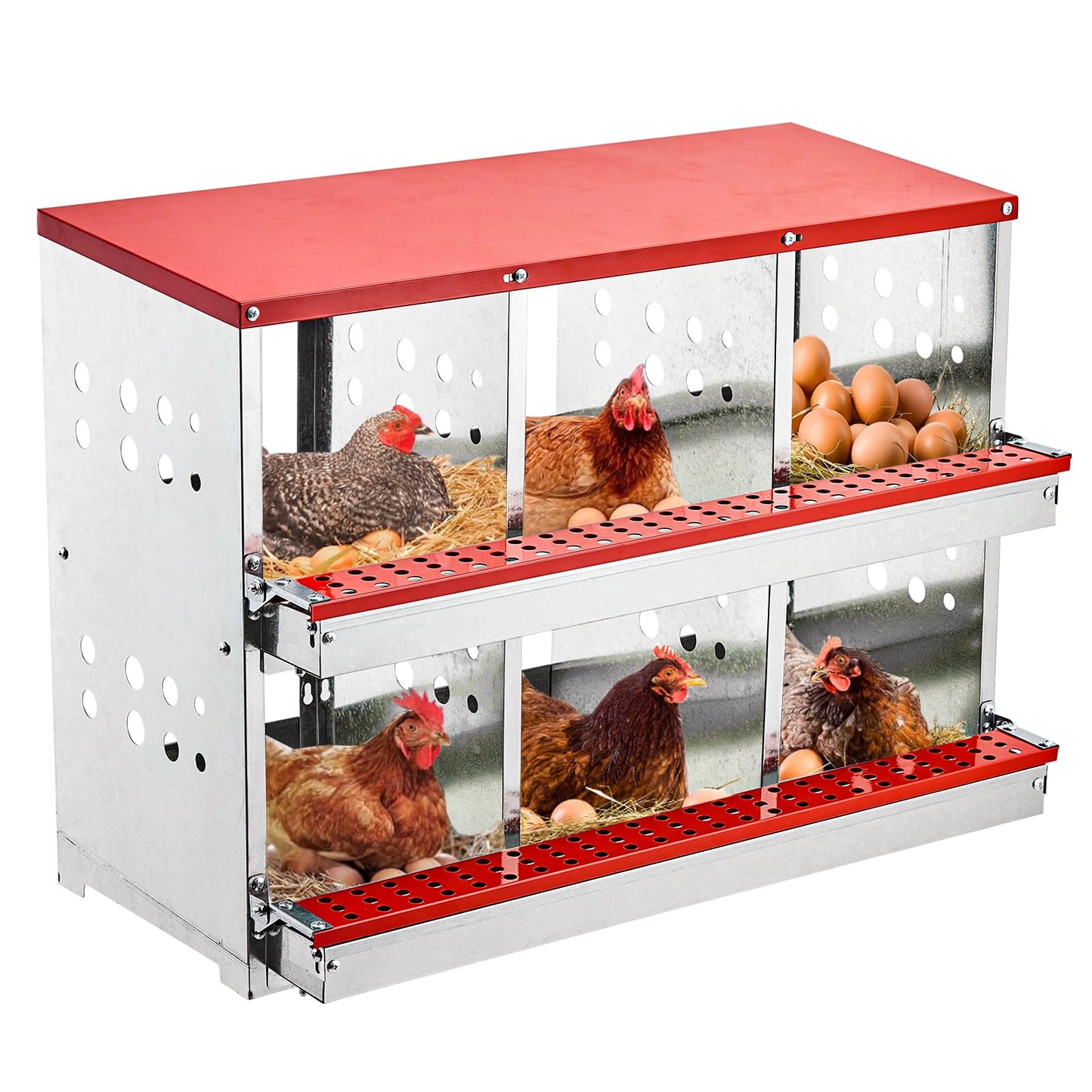 Nesting Boxes for Chickens, 6 Compartment Roll Out Away Chicken Nesting Boxes for Laying Eggs, Nesting Gift Boxes for Hens Duck Poultry, Metal Heavy Duty Chicken Coop with Perch