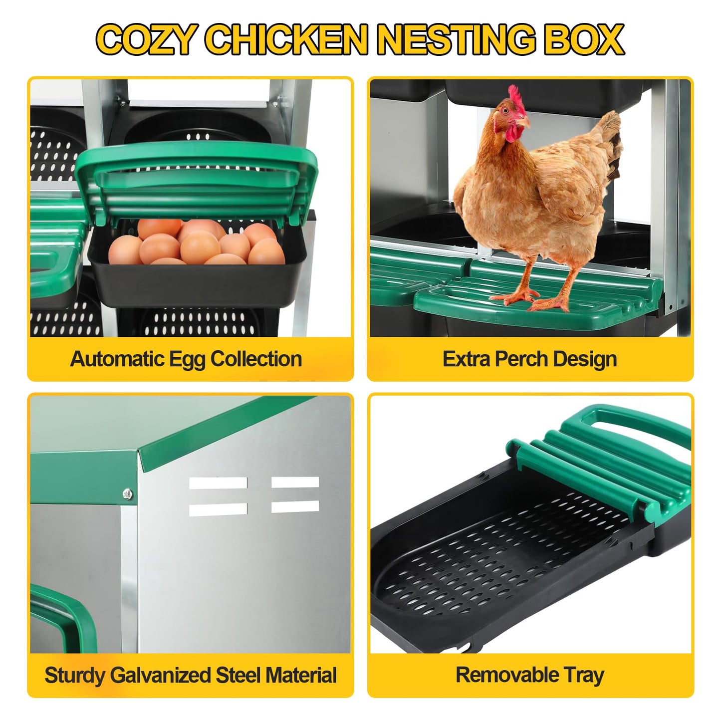 YeeJinHong Two-Tier Chicken Nesting Box,6 Hole Metal Chicken Egg Laying Box with Swing Perch and Rollout Egg Collection Protect Eggs