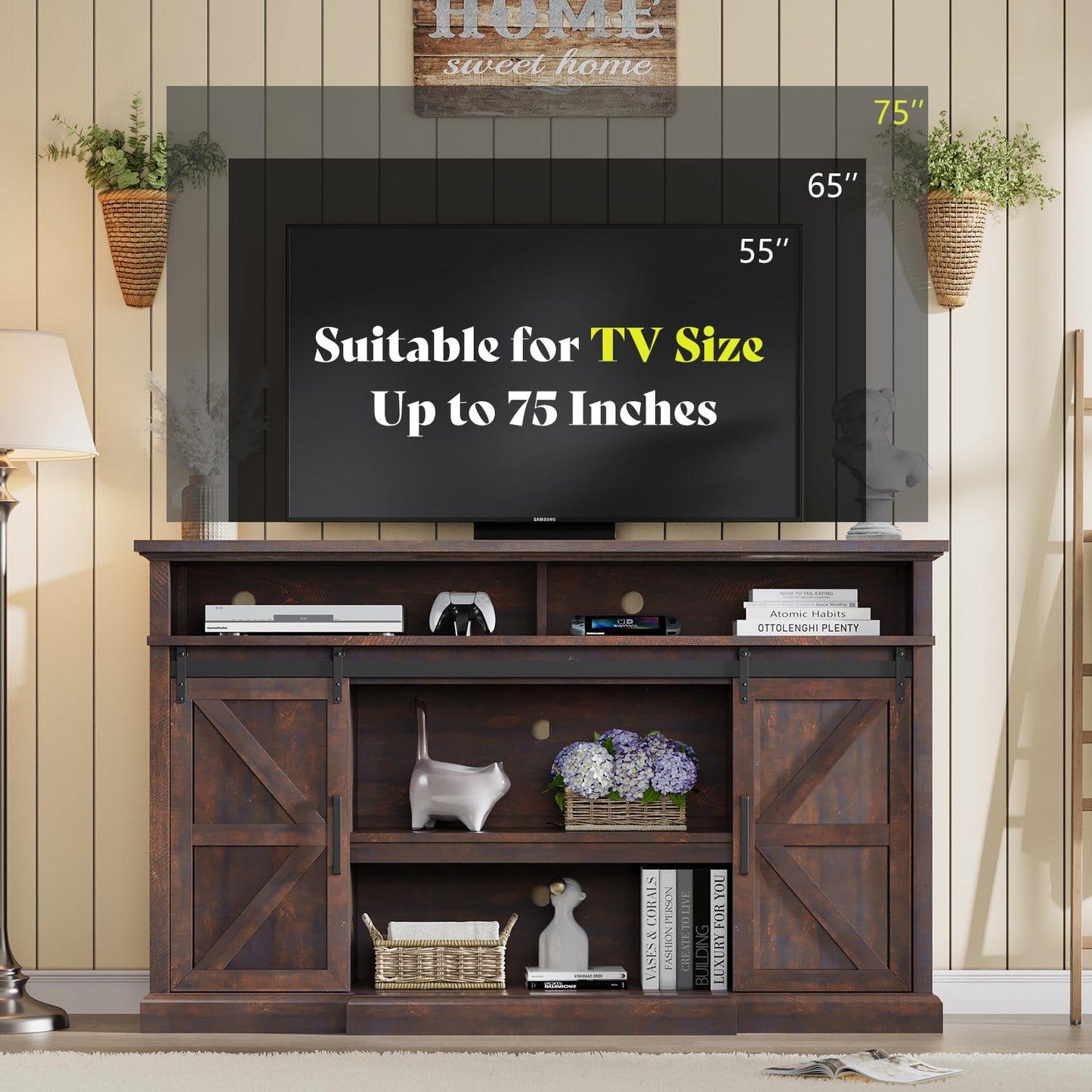 LUXOAK 66" Farmhouse TV Stand for 75 Inch TVs, 40" Tall Entertainment Center with Sliding Barn Doors, Rustic Media Console Table Storage Cabinet with Adjustable Shelves, Living Room, Sawdust Brown
